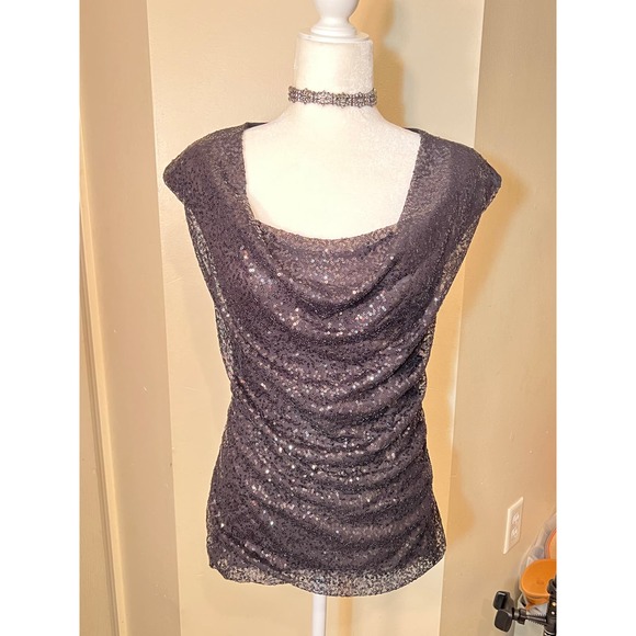 Ann Taylor Short Cap Sleeved Cowl Neck Small Sequined Dress Shirt - Picture 10 of 11